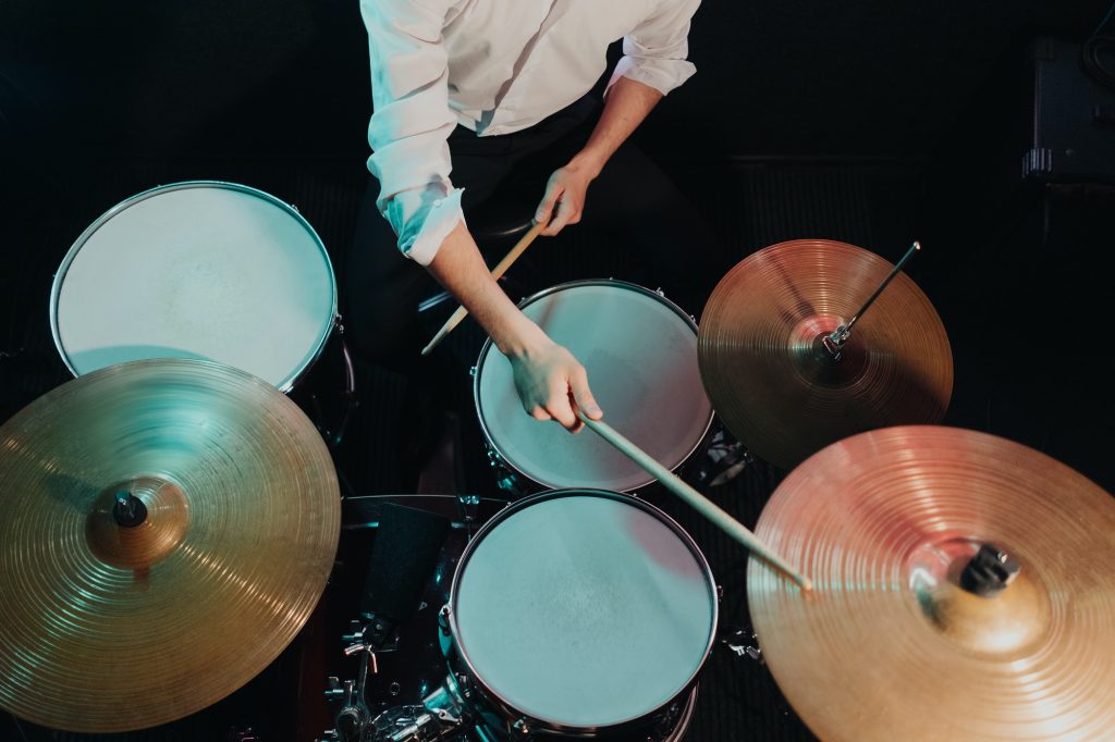 Professional drum set closeup in recording studio